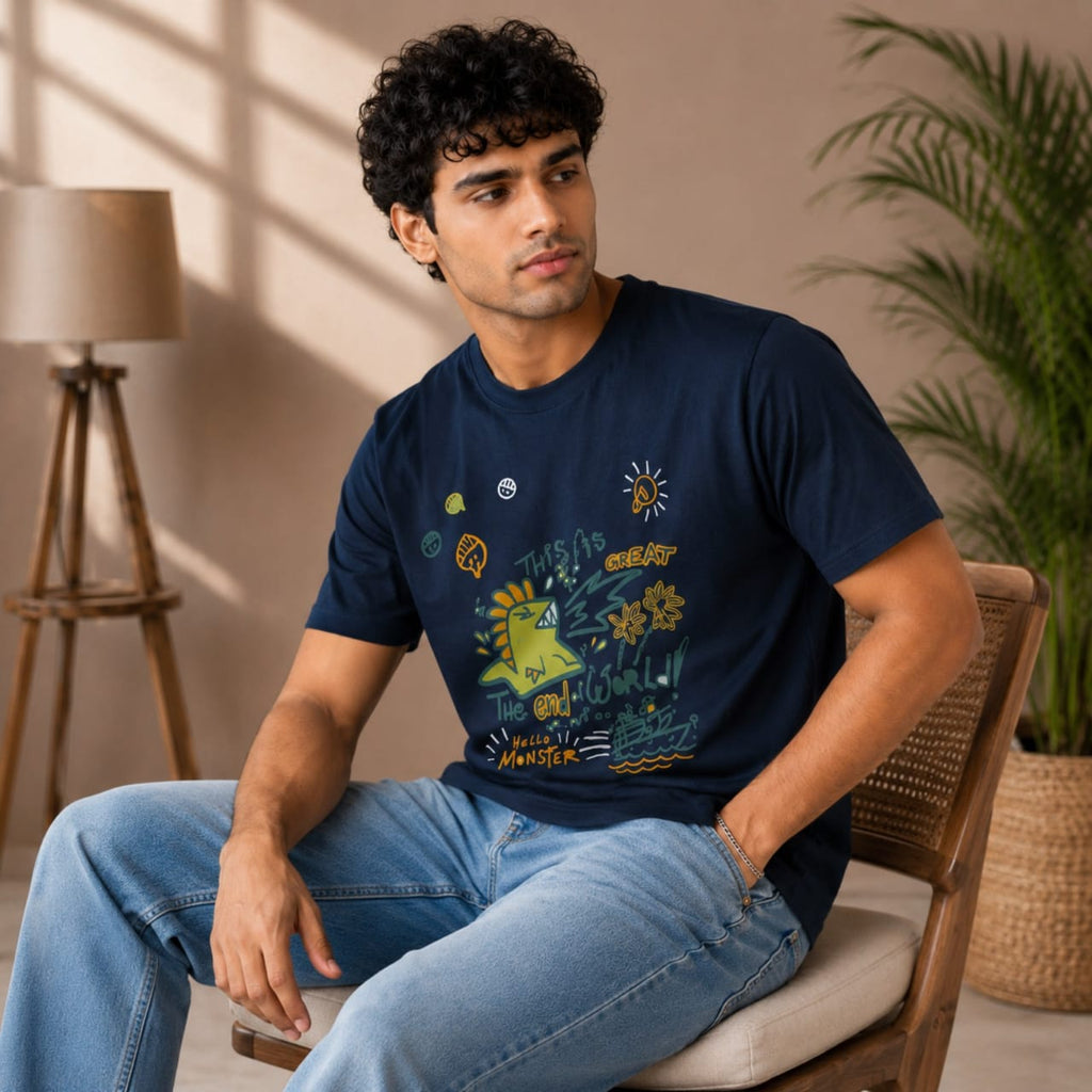Men's Midnight Navy Graphic Oversized Casual T-Shirt-3