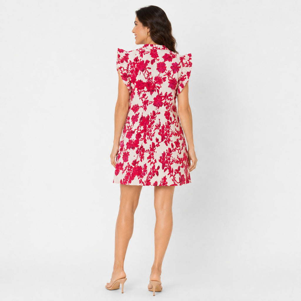 Women's Pink Floral Ruffle Sleeve A-Line Mini Dress | Breezy Casual Day Dress-4