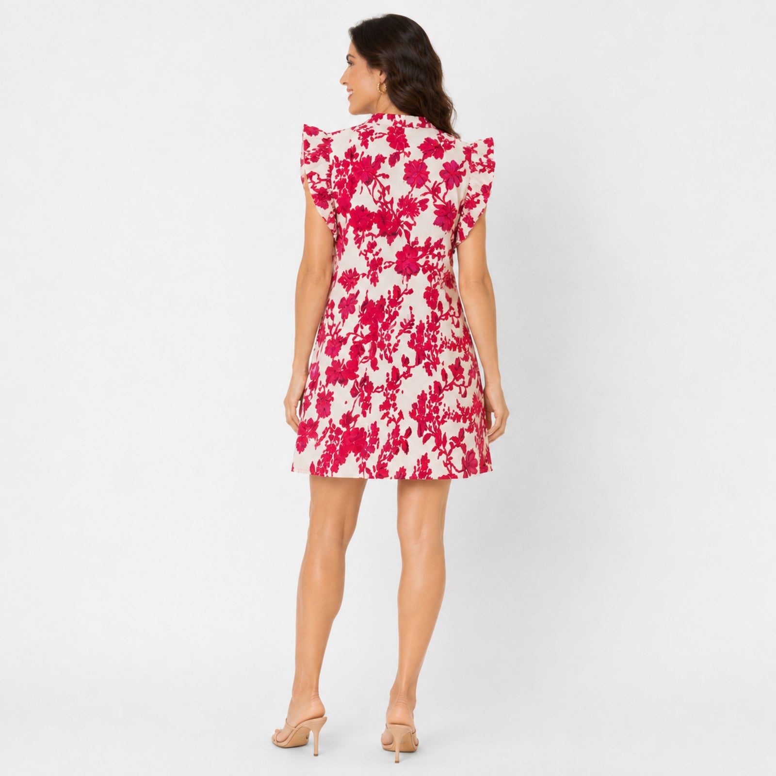 Women's Pink Floral Ruffle Sleeve A-Line Mini Dress | Breezy Casual Day Dress-4