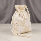 Women's Luxury Cream Embroidered Potli Bag with Pearl Handle and Beaded Floral Clusters-3