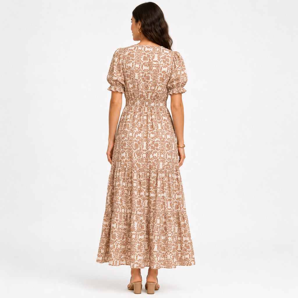 Women's Light Brown Floral V-Neck Puff Sleeve Tiered Maxi Dress | Flowy Elegant Day Dress-4