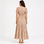 Women's Light Brown Floral V-Neck Puff Sleeve Tiered Maxi Dress | Flowy Elegant Day Dress-4