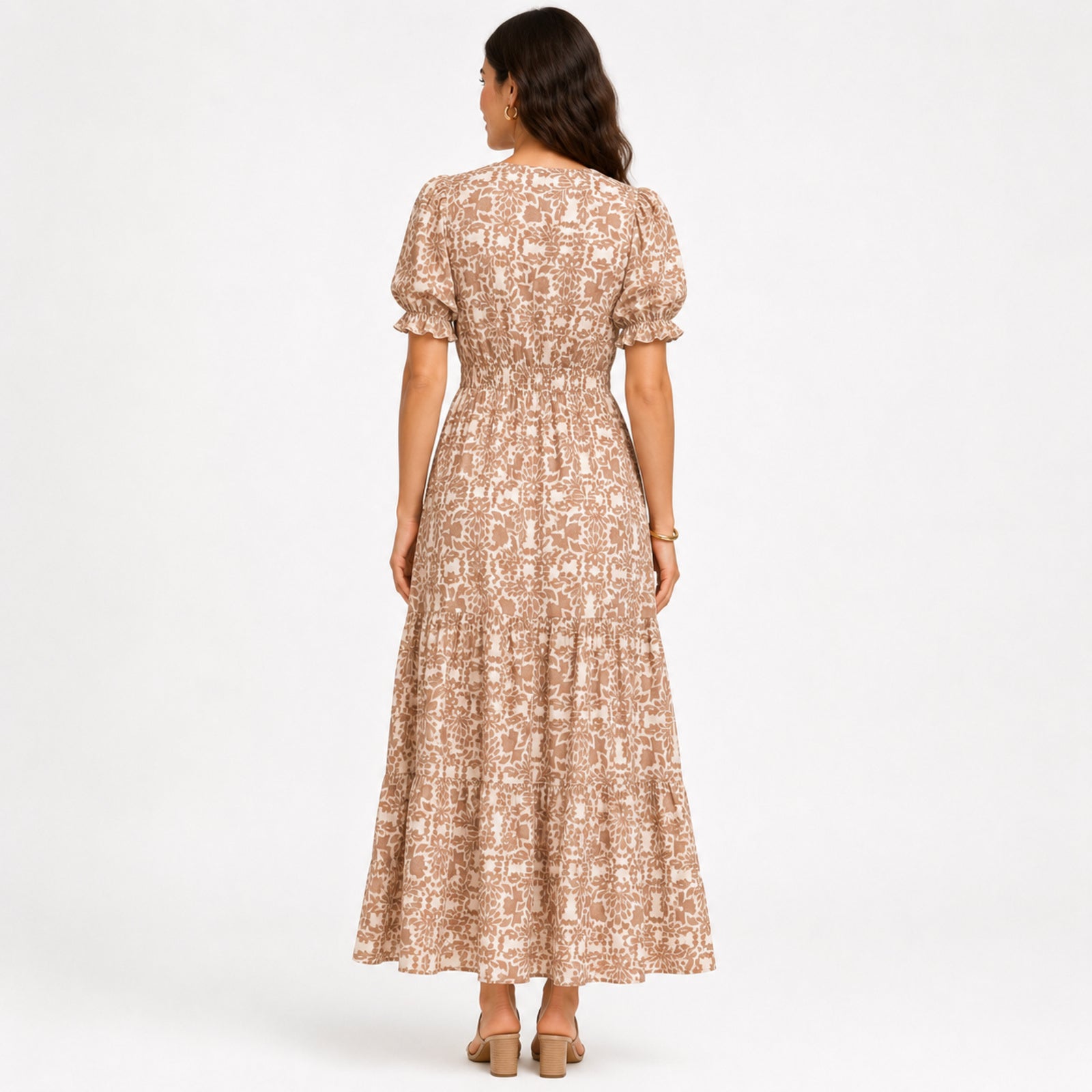 Women's Light Brown Floral V-Neck Puff Sleeve Tiered Maxi Dress | Flowy Elegant Day Dress-4
