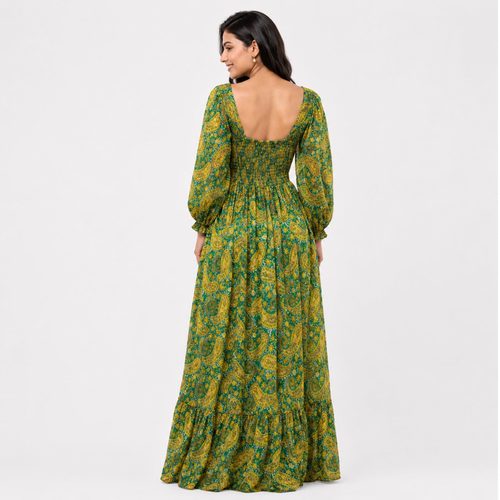 Women's Paisley Print Smocked Midi Dress-4