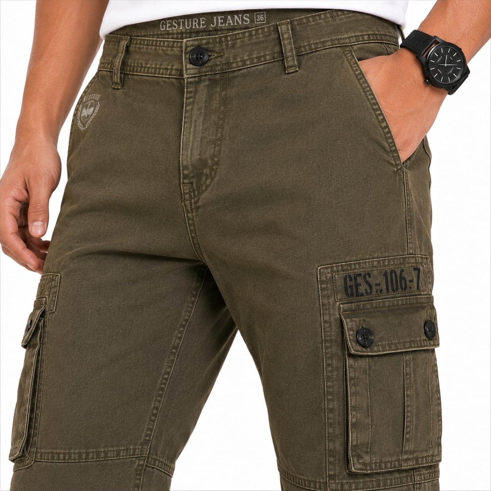 Men's Green Washed Cargo Jeans with Utility Pocket Detail-2