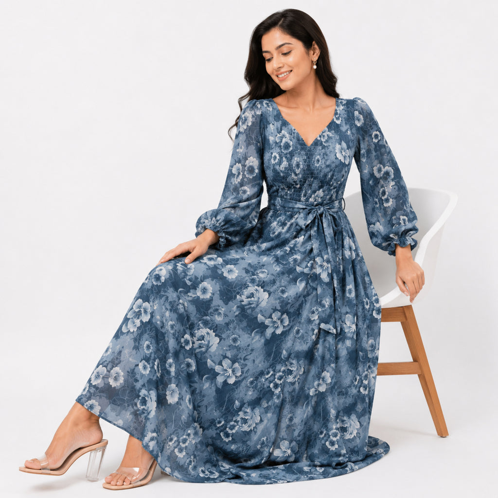Women's Blue Floral Tie-Up Midi Dress-2