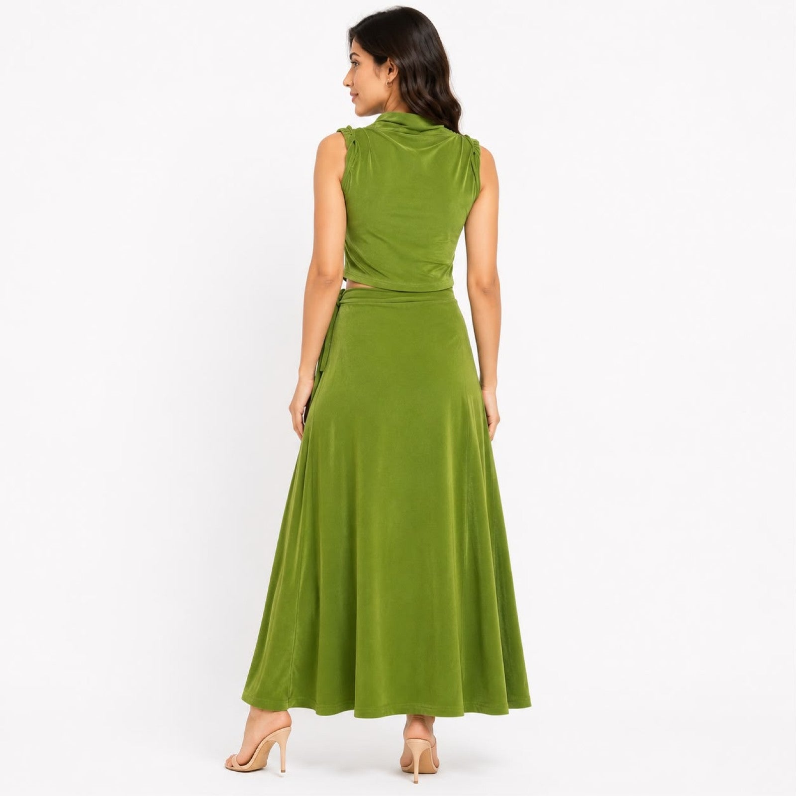 Women's Green Sleeveless Crop Top & Maxi Skirt Co-Ord Set-4