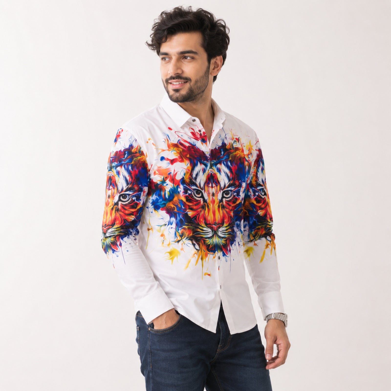 Men's White Tiger Graphic Printed Shirt-2