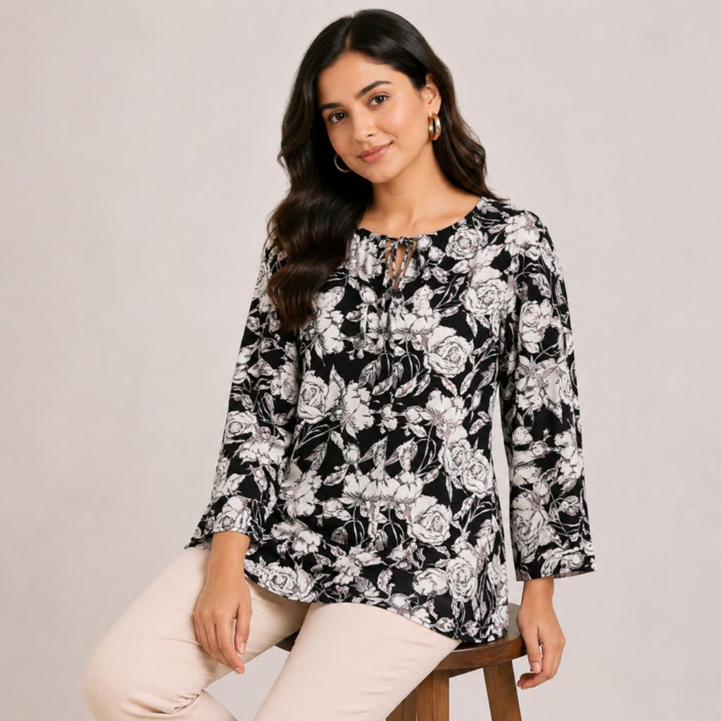 Women's Charming Monochrome Floral Print Keyhole Tunic Top-3