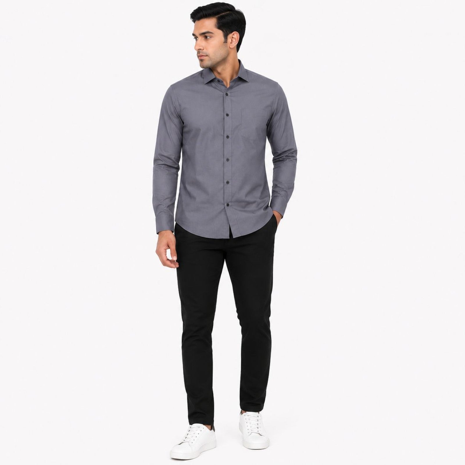Men's Steel Grey Everyday Button-Up Shirt with Chest Pocket-1