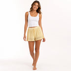 Women's Yellow Textured Lace Trim Relaxed Fit Drawstring Summer Shorts-1