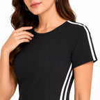 Women's Black Solid Shift Dress with Contrast Side Stripe Detail-2