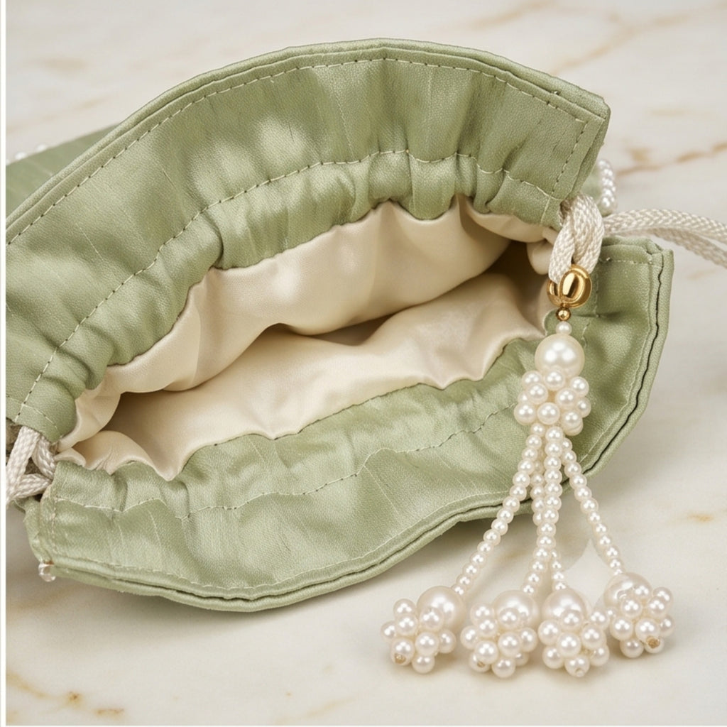 Women's Luxury Mint Pista Green Embroidered Potli Bag with Pearl Handle and Beaded Floral Clusters-4