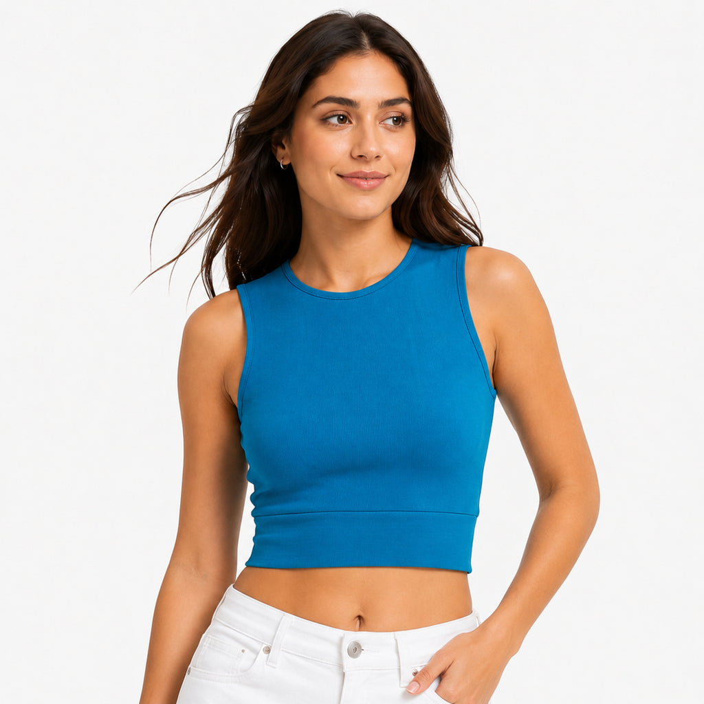 Women's Teal Sleeveless Round Neck Crop Top | Solid Fitted Casual Knit Top-2