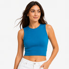 Women's Teal Sleeveless Round Neck Crop Top | Solid Fitted Casual Knit Top-2