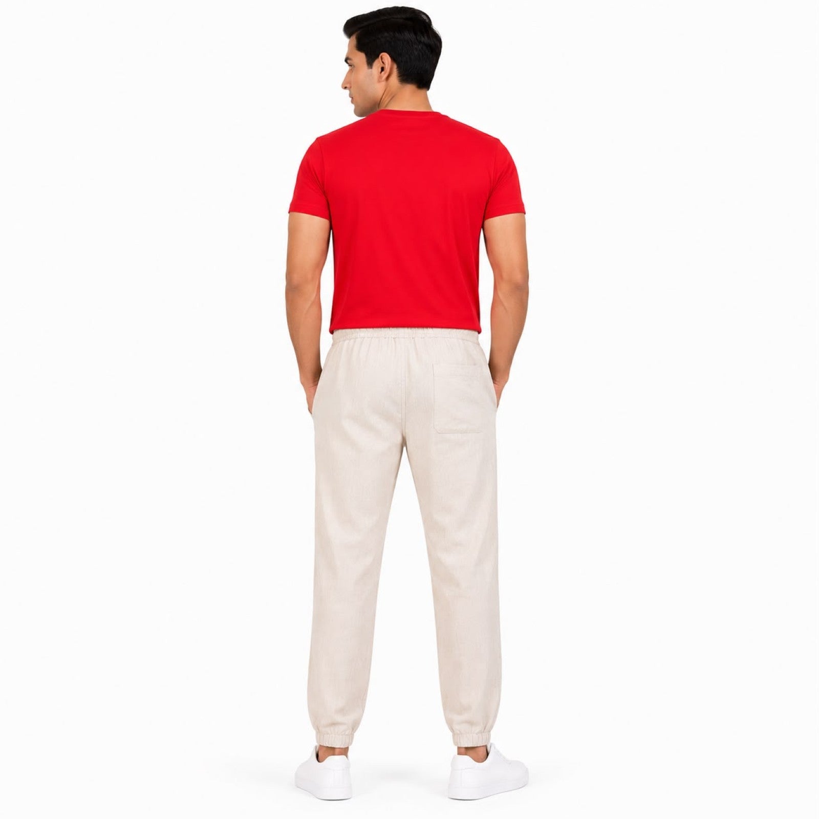 Men's Off White Elastic Waist Jogger Pants with Drawstring Detail-4