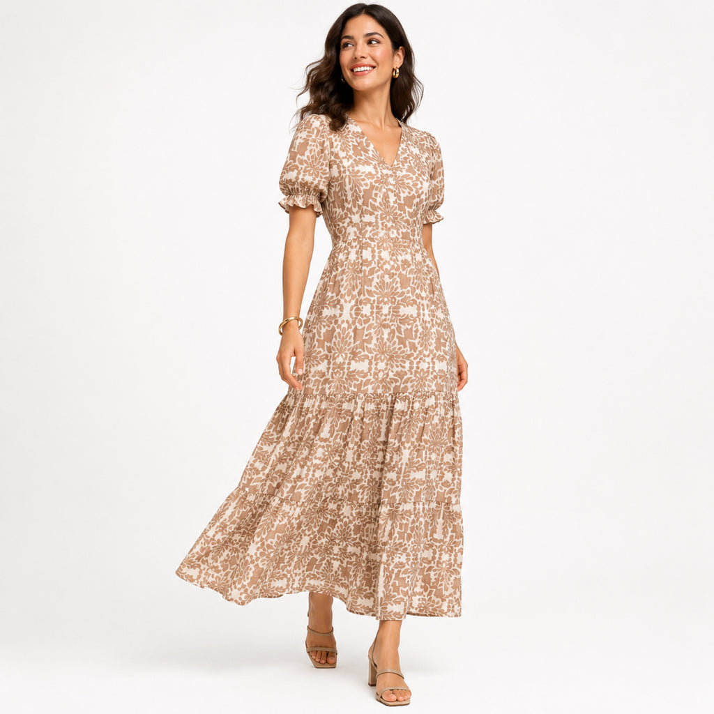 Women's Light Brown Floral V-Neck Puff Sleeve Tiered Maxi Dress | Flowy Elegant Day Dress-1