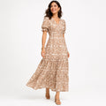 Women's Light Brown Floral V-Neck Puff Sleeve Tiered Maxi Dress | Flowy Elegant Day Dress-1