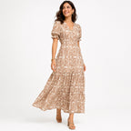 Women's Light Brown Floral V-Neck Puff Sleeve Tiered Maxi Dress | Flowy Elegant Day Dress-1