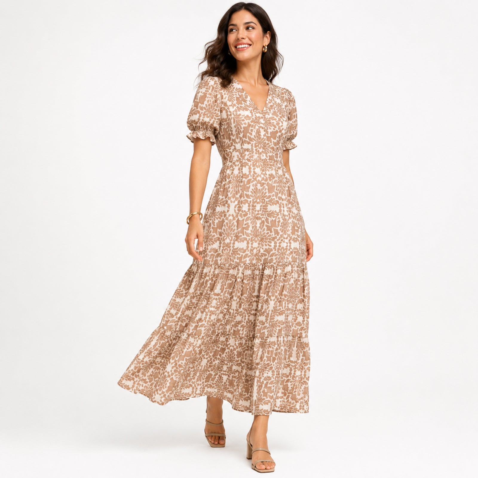 Women's Light Brown Floral V-Neck Puff Sleeve Tiered Maxi Dress | Flowy Elegant Day Dress-1