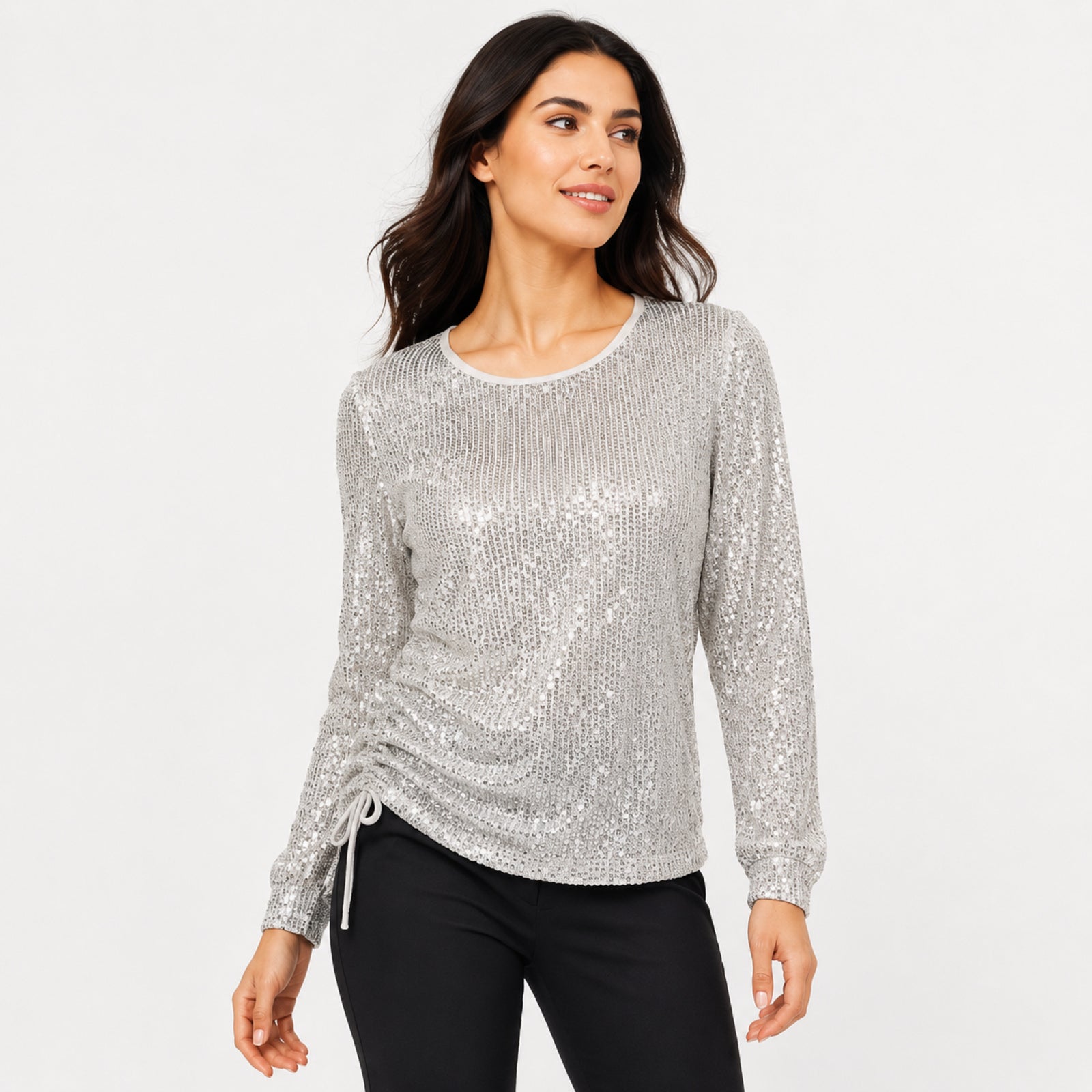 Women's White Sequin Round Neck Long Sleeve Top | Shimmer Party Wear Blouse-2