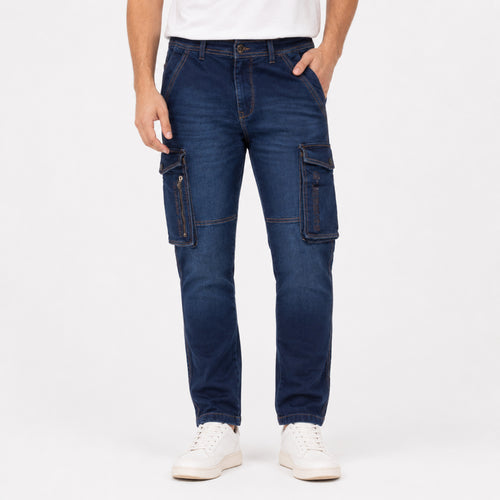 Men's Dark Blue Cargo Denim Jeans-4