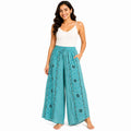 Women's Light Blue Embroidered Wide Leg Palazzo Pants with Drawstring Waist-2