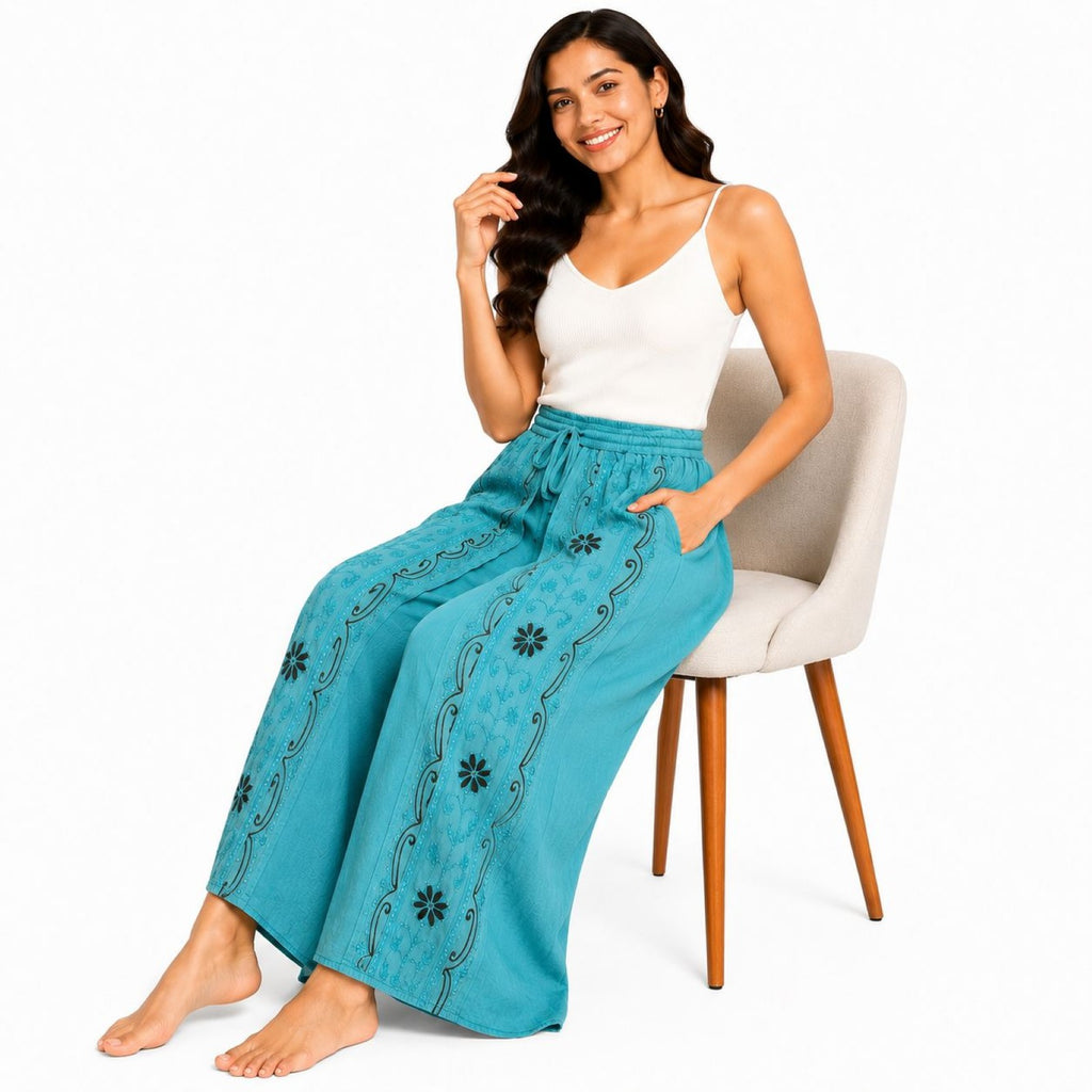 Women's Light Blue Embroidered Wide Leg Palazzo Pants with Drawstring Waist-3