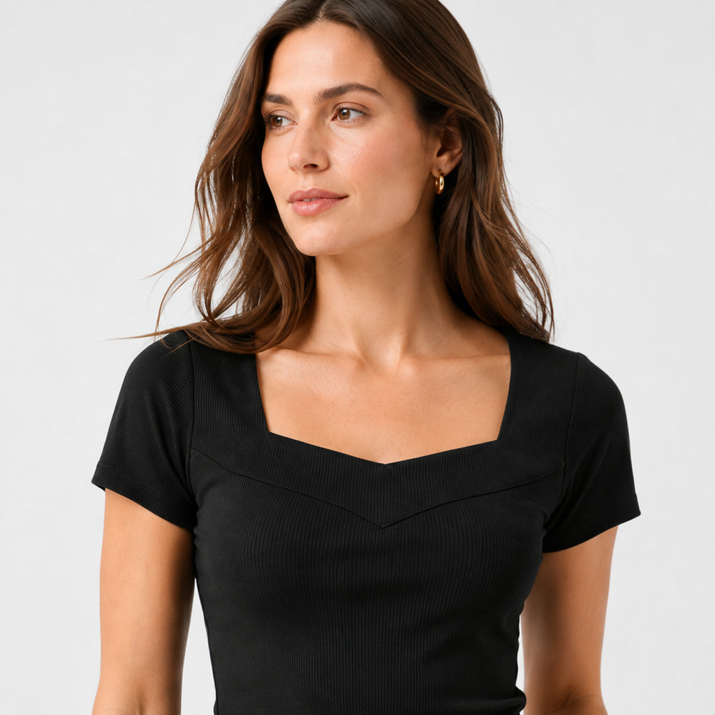 Women's Black Square Neck Ribbed Short Sleeve Casual Top-3