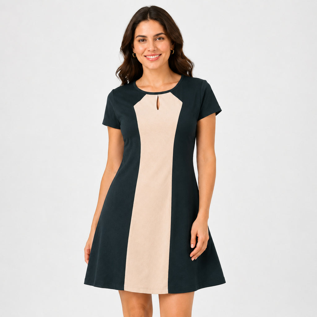 Women's Olive Green Color Block A-Line Mini Dress with Keyhole Neck and Short Sleeves-2