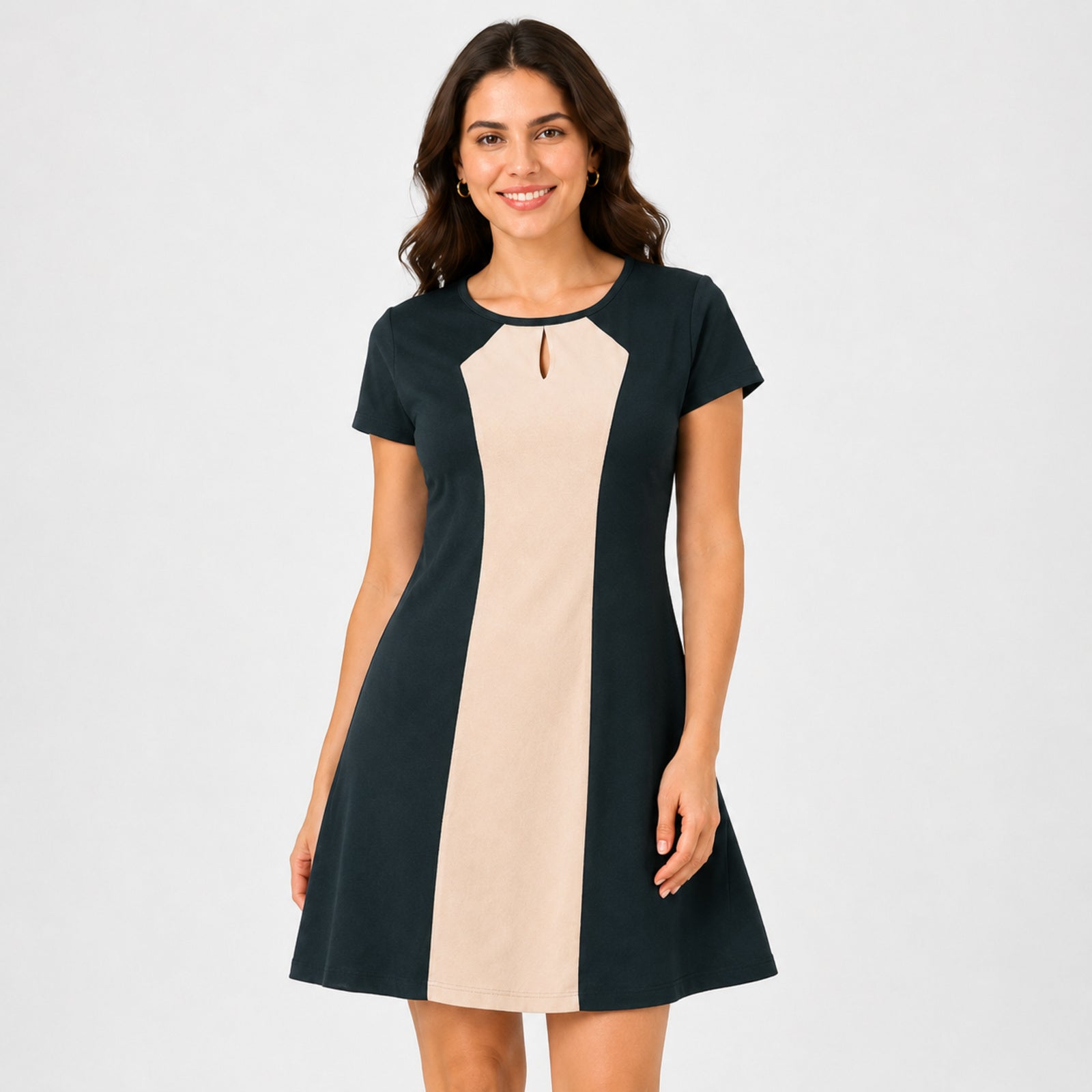 Women's Olive Green Color Block A-Line Mini Dress with Keyhole Neck and Short Sleeves-2