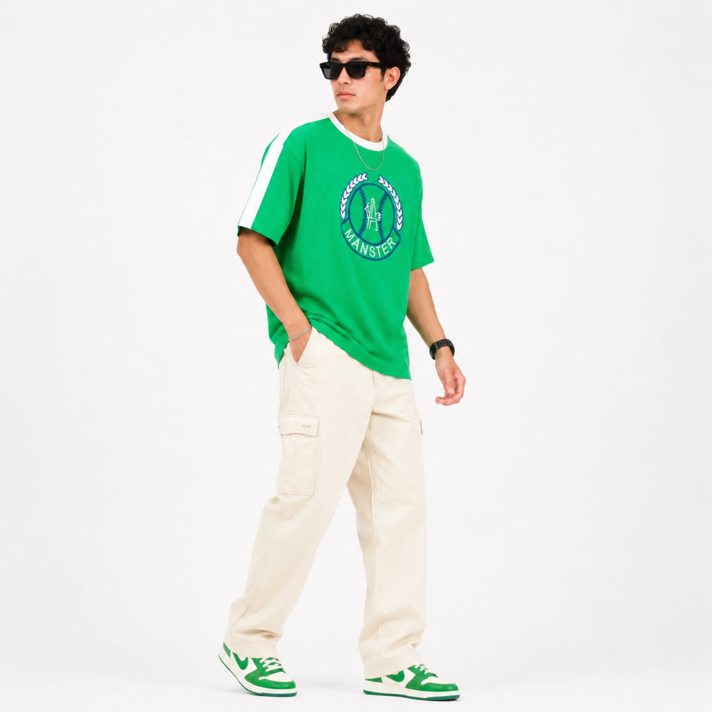 Men's Green Graphic Print Oversized Ringer T-Shirt-2