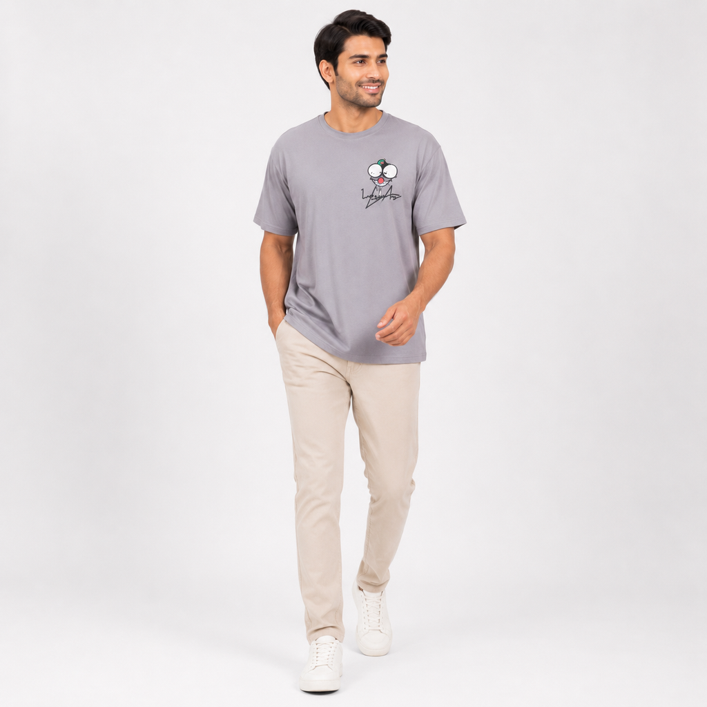 Men's Smoke Grey Cartoon Graphic Oversized T-Shirt-1