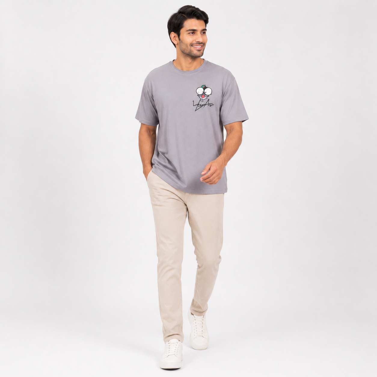 Men's Smoke Grey Cartoon Graphic Oversized T-Shirt-1