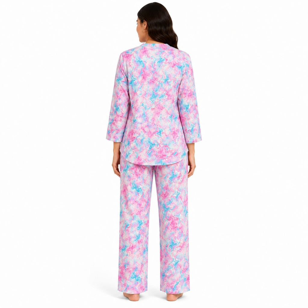 Women's Pink Abstract Marble Print Mandarin Collar Top and Straight Pyjama Co-Ord Set | Relaxed Lounge Set-4