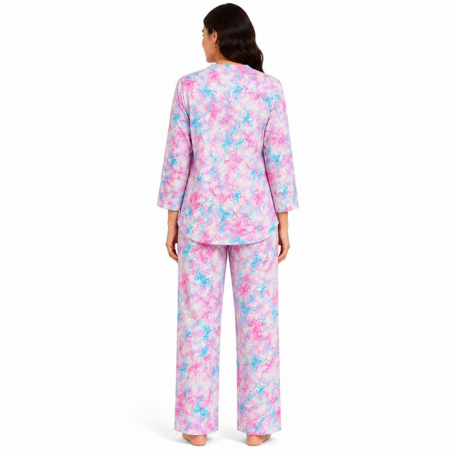 Women's Pink Abstract Marble Print Mandarin Collar Top and Straight Pyjama Co-Ord Set | Relaxed Lounge Set-4