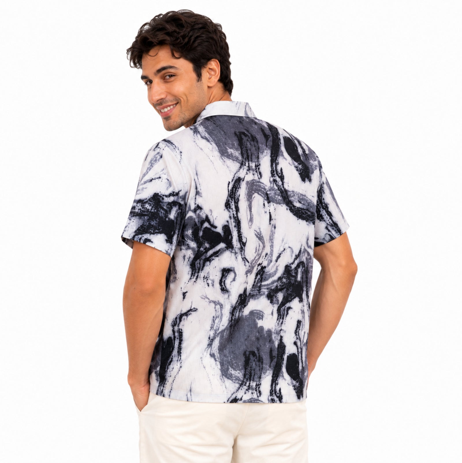 Men's Monochrome Marble Print Casual Shirt-3