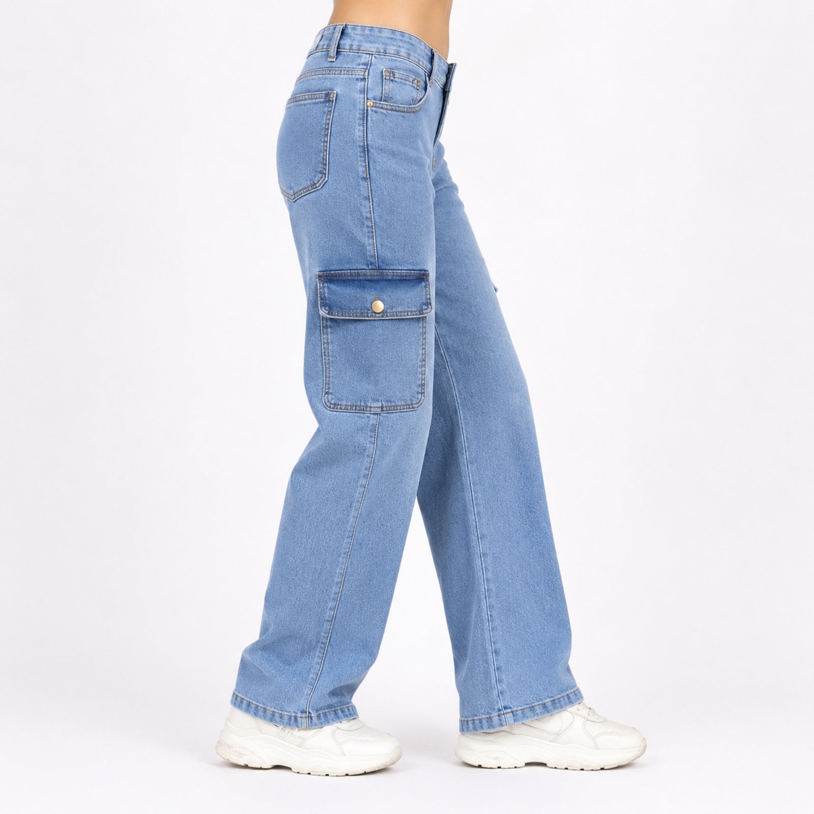 Women's Light Blue Wide Leg Cargo Jeans-4
