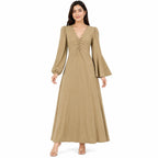 Women's Light Brown V-Neck Maxi Dress with Ruched Front and Bell Sleeves-1