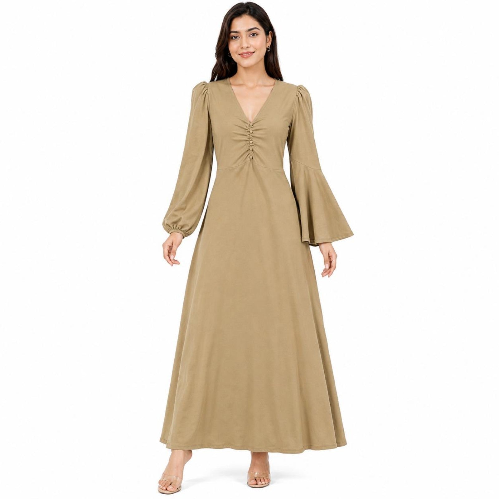 Women's Light Brown V-Neck Maxi Dress with Ruched Front and Bell Sleeves-1