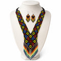 Women's Obsidian Floral Geometric Hand-Beaded Jewelry Set with V-Neck Fringe Necklace and Drop Earrings-4