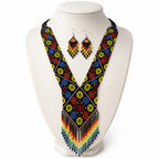 Women's Obsidian Floral Geometric Hand-Beaded Jewelry Set with V-Neck Fringe Necklace and Drop Earrings-4