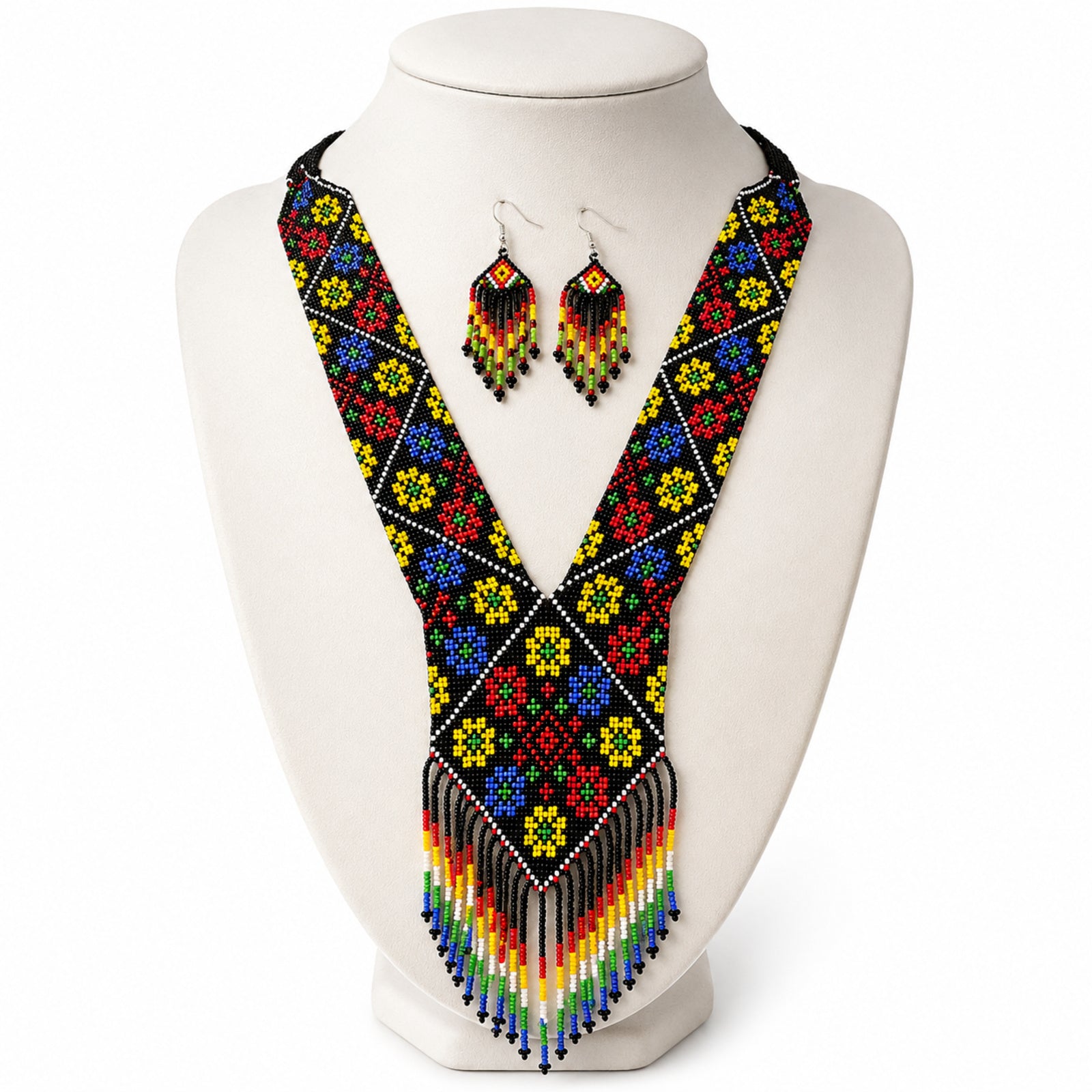 Women's Obsidian Floral Geometric Hand-Beaded Jewelry Set with V-Neck Fringe Necklace and Drop Earrings-4
