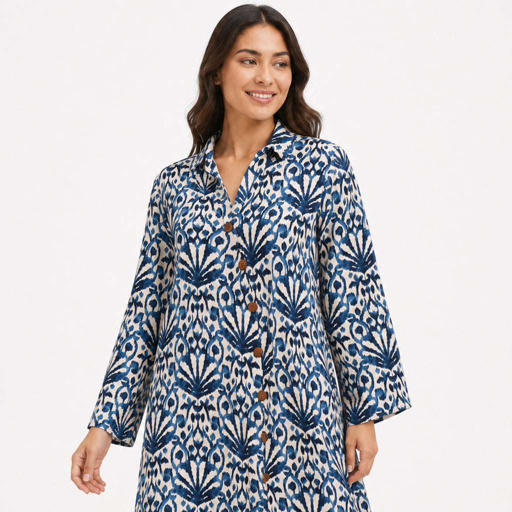 Women's Blue Ikat Print Button-Down Midi Dress with Flared Sleeves-2