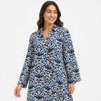 Women's Blue Ikat Print Button-Down Midi Dress with Flared Sleeves-2