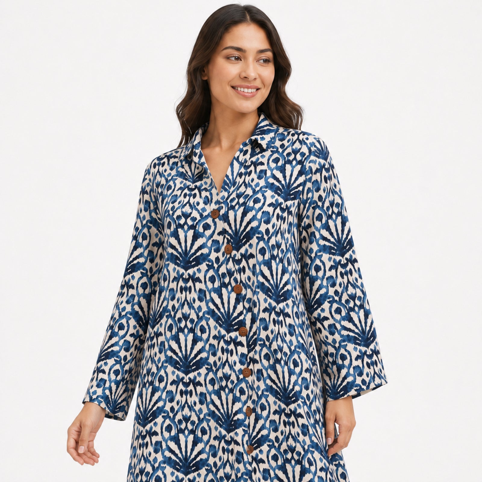 Women's Blue Ikat Print Button-Down Midi Dress with Flared Sleeves-2