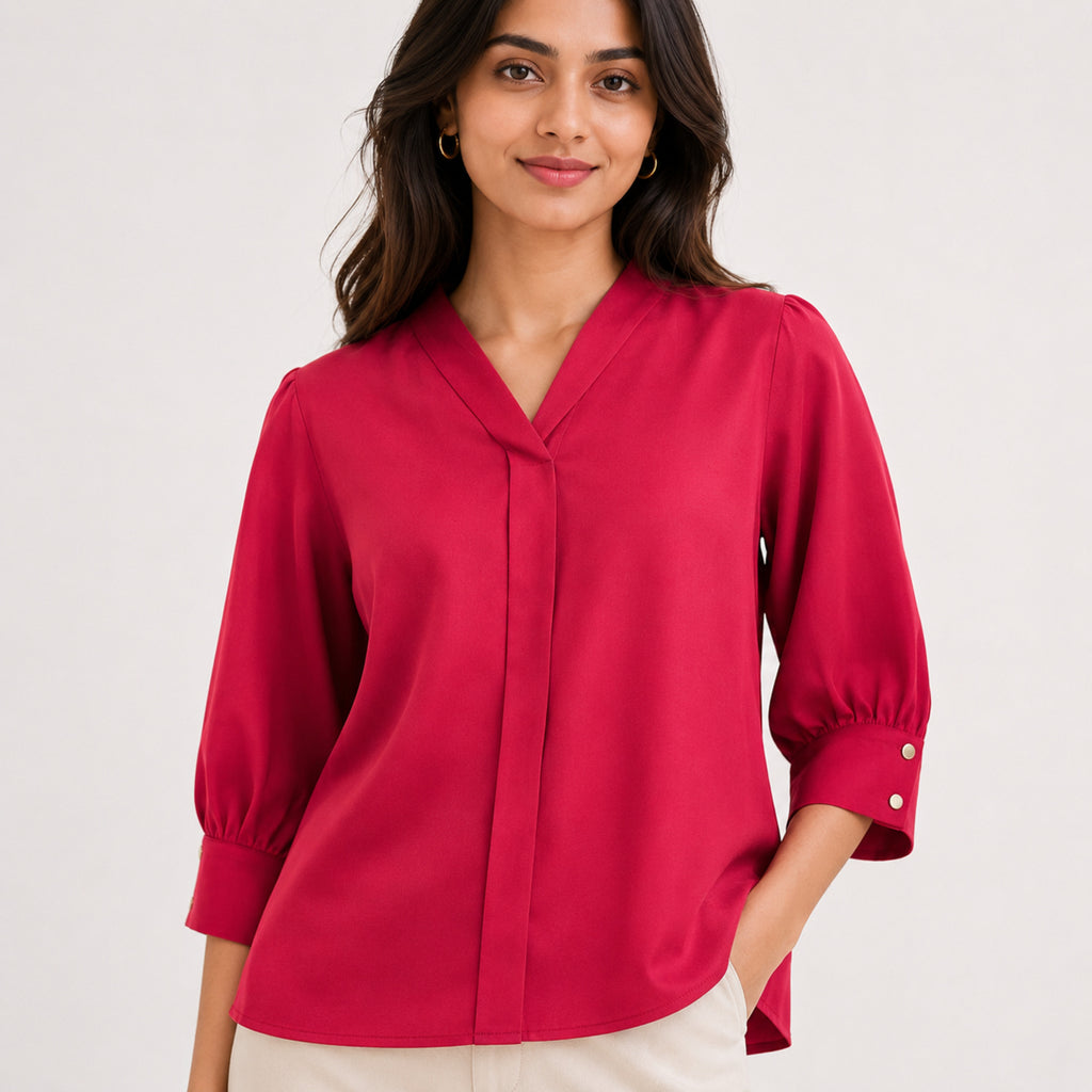 Women's Red V-Neck Puff Sleeve Solid Top | Elegant Office Wear Casual Fashion Blouse-1