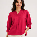 Women's Red V-Neck Puff Sleeve Solid Top | Elegant Office Wear Casual Fashion Blouse-1