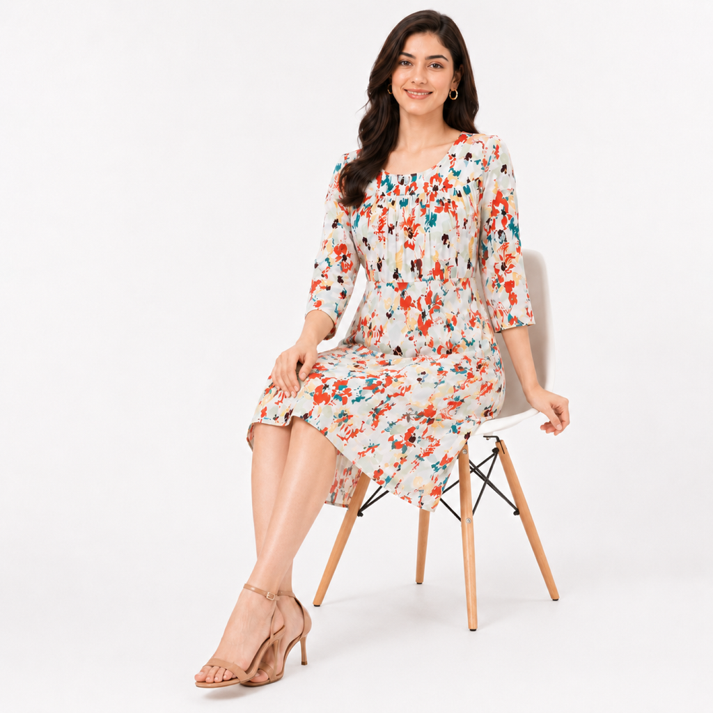 Women's Floral Print Round Neck Three-Quarter Sleeve A-Line Dress-4