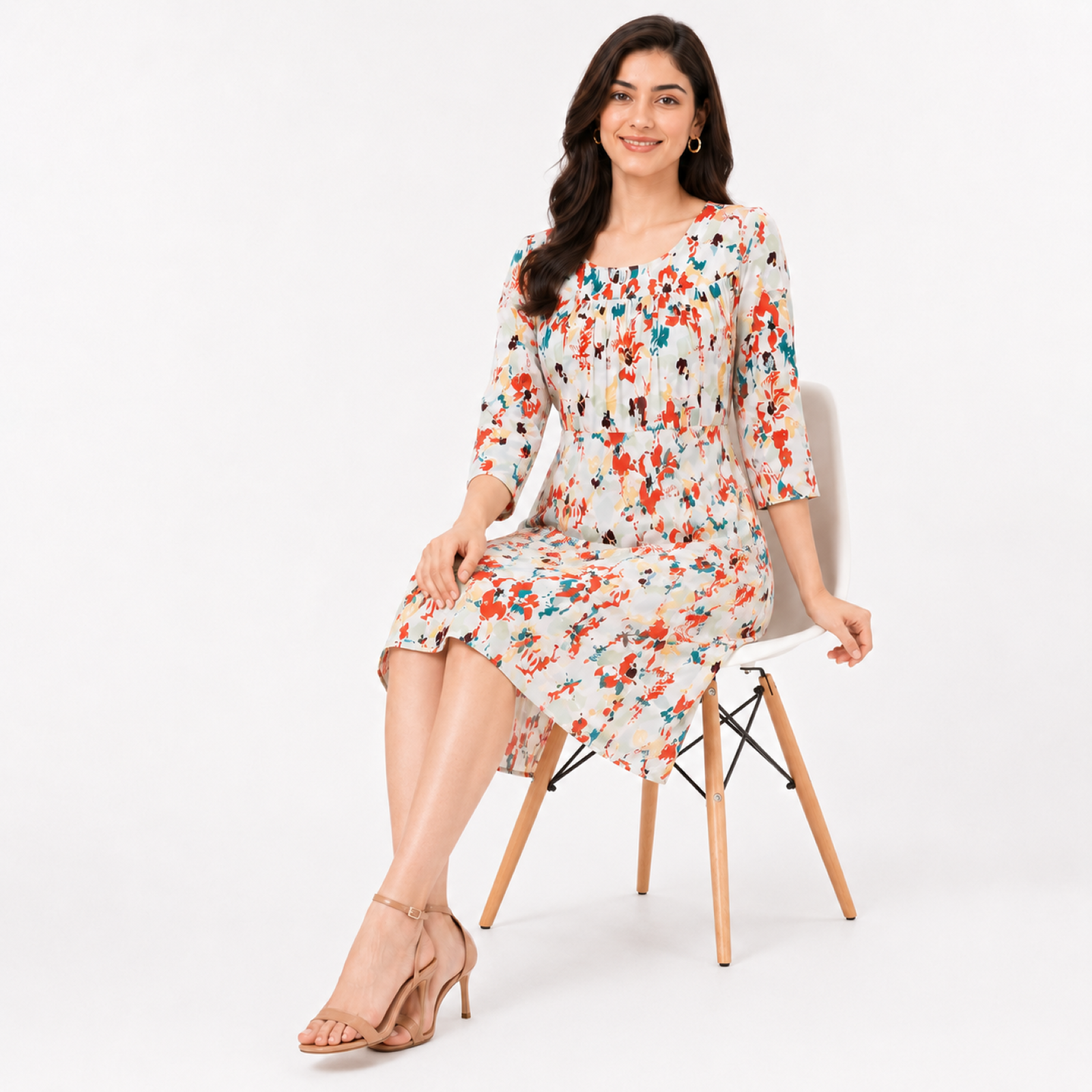 Women's Floral Print Round Neck Three-Quarter Sleeve A-Line Dress-4